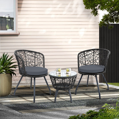 Gardeon 3PC Bistro Set Outdoor Furniture Rattan Table Chairs Patio Garden Cushion Black