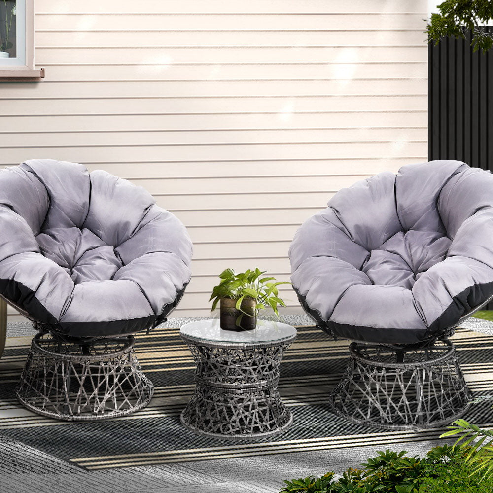 Gardeon Outdoor Lounge Setting Papasan Chairs Table Patio Furniture Wicker Grey