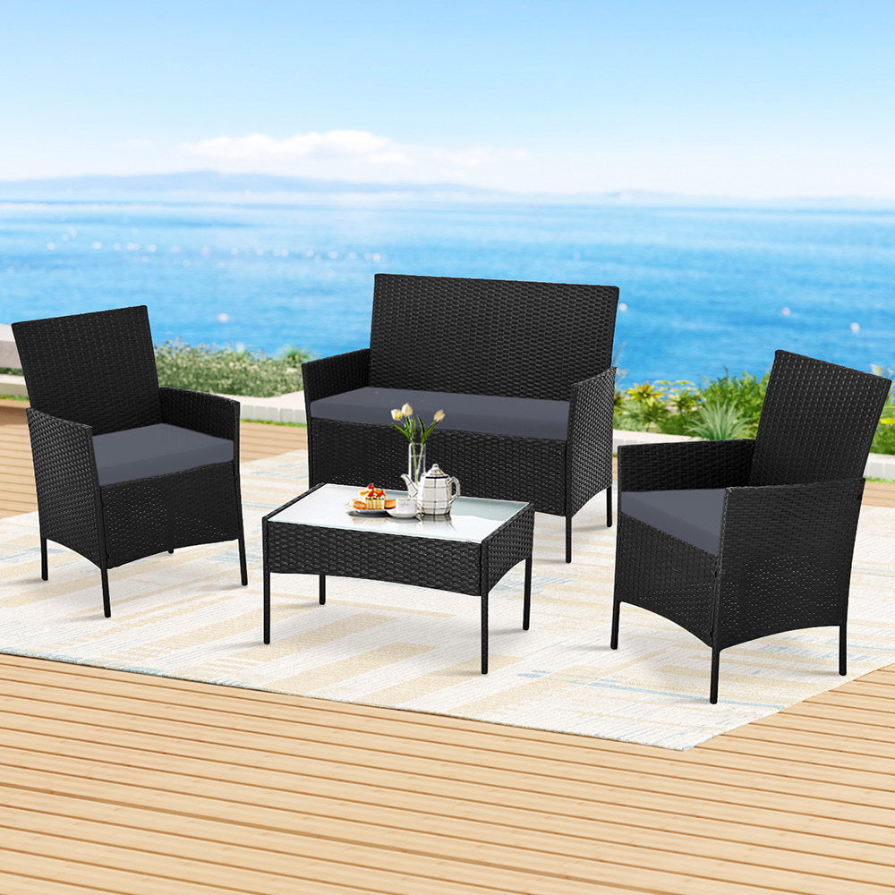 Gardeon 4-piece Outdoor Lounge Setting Wicker - Black