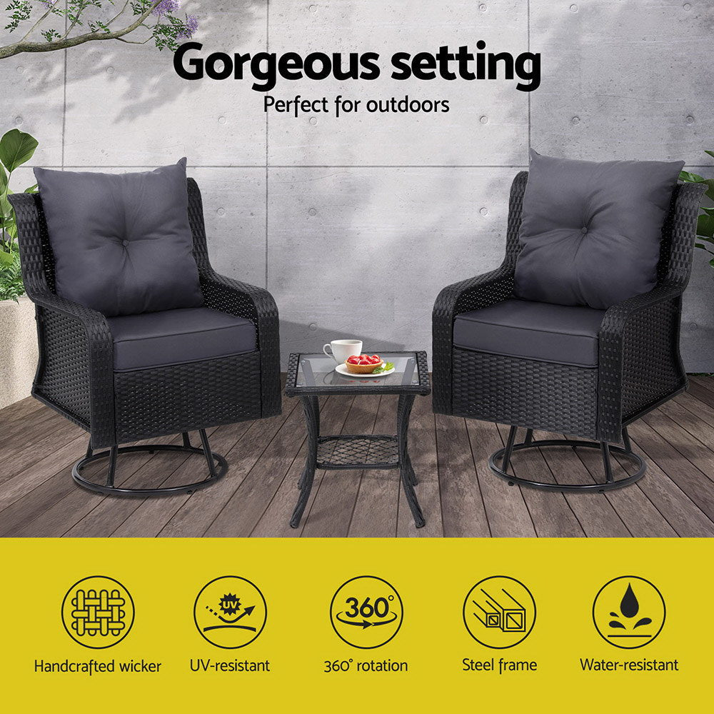 Gardeon 3PC Outdoor Furniture Bistro Set Lounge Wicker Swivel Chairs Table Cushion Brown