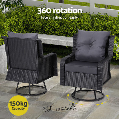 Gardeon 3PC Outdoor Furniture Bistro Set Lounge Wicker Swivel Chairs Table Cushion Brown