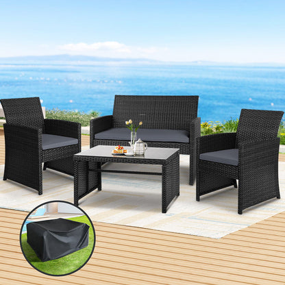 Gardeon 4 PCS Outdoor Lounge Setting Wicker Sofa Set Black Storage Cover