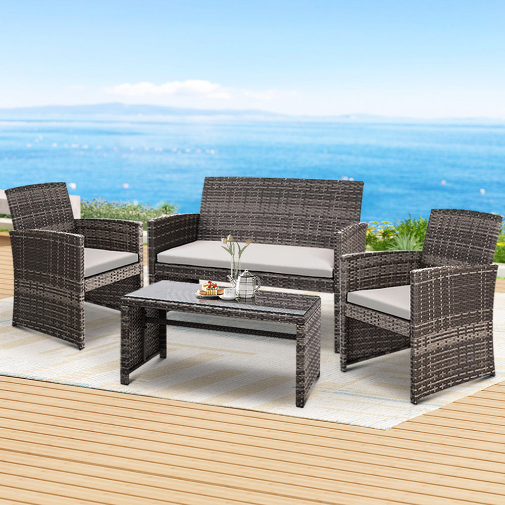 Gardeon 4 PCS Outdoor Lounge Setting Wicker Sofa Set Garden Furniture Grey