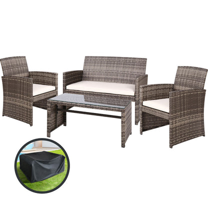 Gardeon 4 PCS Outdoor Lounge Setting Wicker Sofa Set Grey Storage Cover