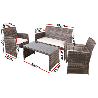 Gardeon 4 PCS Outdoor Lounge Setting Wicker Sofa Set Grey Storage Cover