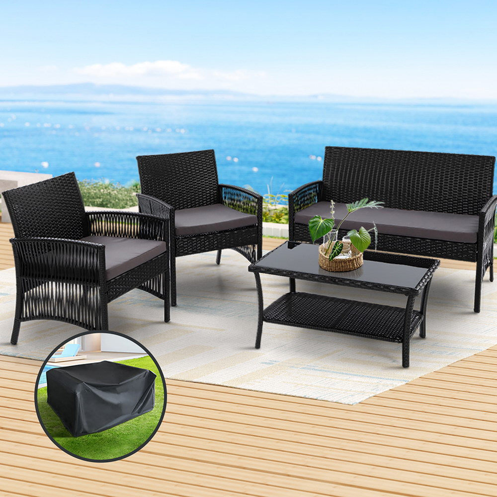 Gardeon 4PCS Outdoor Lounge Setting Sofa Set Patio Wicker Furniture Black Cover