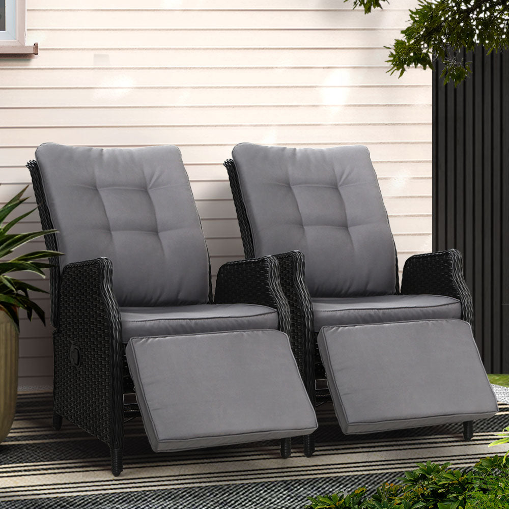 Gardeon Set of 2 Recliner Chairs - Wicker Sofa Black