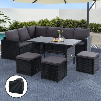Gardeon Outdoor Furniture Dining Setting Sofa Set Wicker 9 Seater Storage Cover Black