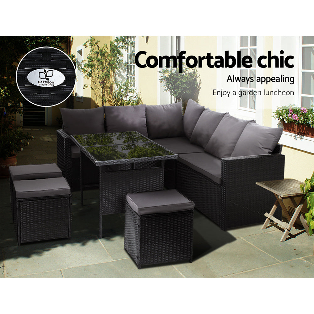 Gardeon Outdoor Furniture Dining Setting Sofa Set Wicker 9 Seater Storage Cover Black