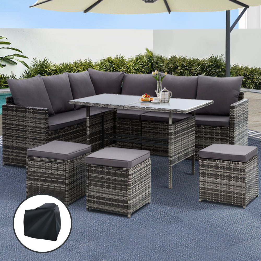 Gardeon Outdoor Furniture Dining Setting Sofa Set Wicker 9 Seater Storage Cover Mixed Grey