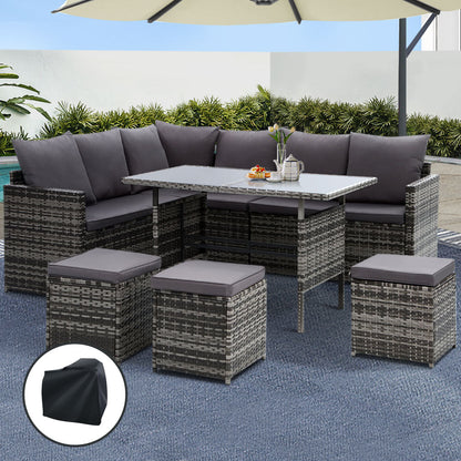 Gardeon Outdoor Furniture Dining Setting Sofa Set Wicker 9 Seater Storage Cover Mixed Grey