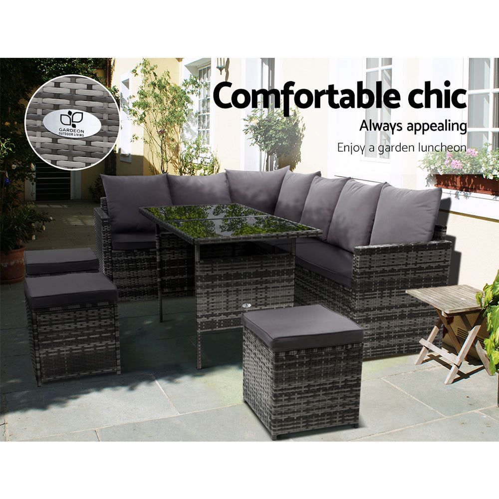 Gardeon Outdoor Furniture Dining Setting Sofa Set Wicker 9 Seater Storage Cover Mixed Grey
