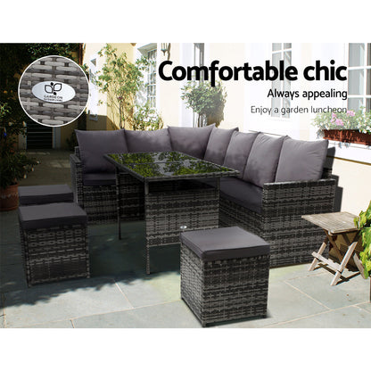 Gardeon Outdoor Furniture Dining Setting Sofa Set Wicker 9 Seater Storage Cover Mixed Grey