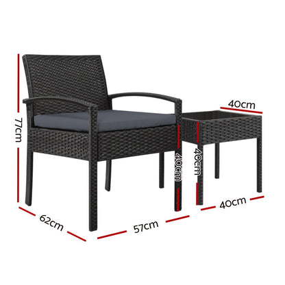 Gardeon 3PC Patio Furniture Bistro Set Wicker Outdoor Lounge Setting Black