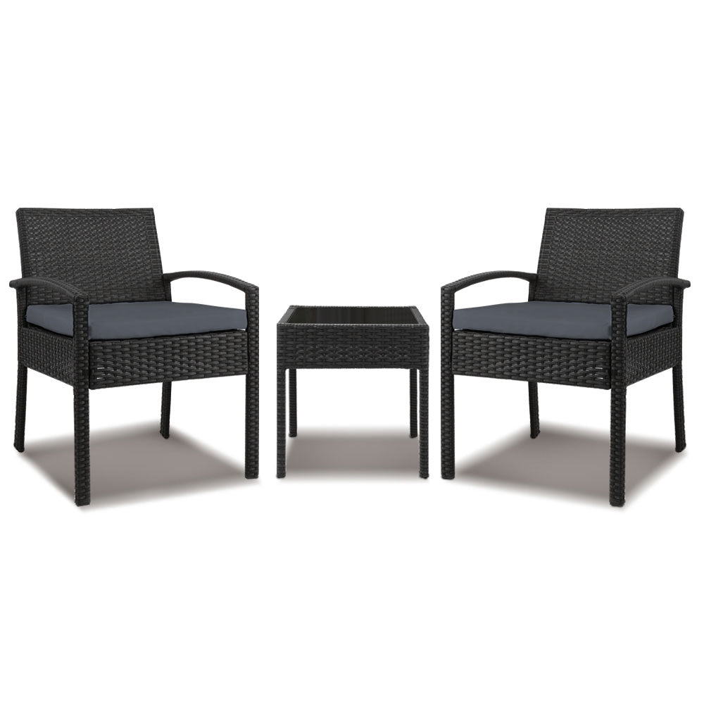 Gardeon 3PC Patio Furniture Bistro Set Wicker Outdoor Lounge Setting Black