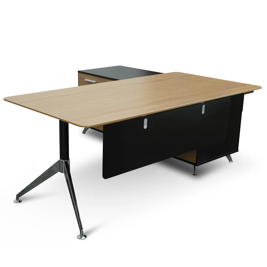 Masha 1.95m Executive Desk Left Return - Black Frame with Natural Top and Drawers
