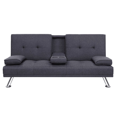 Linen Fabric 3 Seater Sofa Bed Recliner Lounge Couch Cup Holder Futon Dark Grey