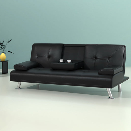 Artiss 3 Seater PU Leather Sofa Bed - Black