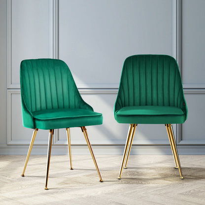 Set of 2 Dining Chairs Retro Chair Cafe Kitchen Modern Metal Legs Velvet Green