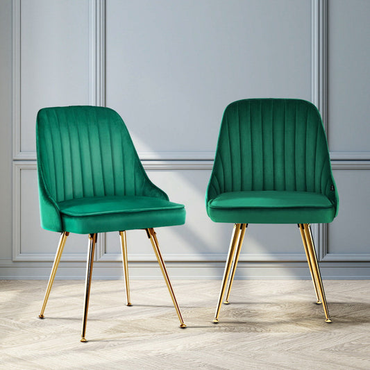 Set of 2 Dining Chairs Retro Chair Cafe Kitchen Modern Metal Legs Velvet Green