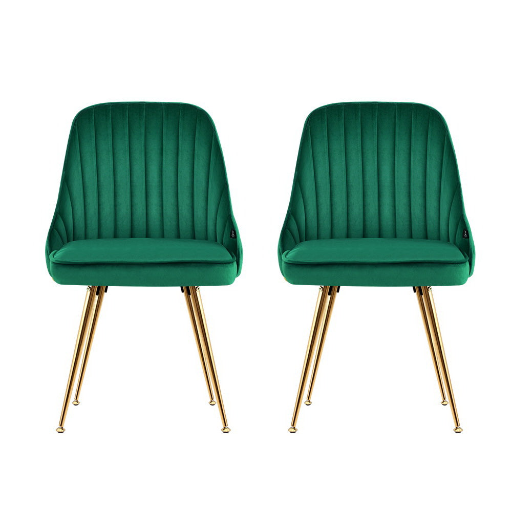 Set of 2 Dining Chairs Retro Chair Cafe Kitchen Modern Metal Legs Velvet Green