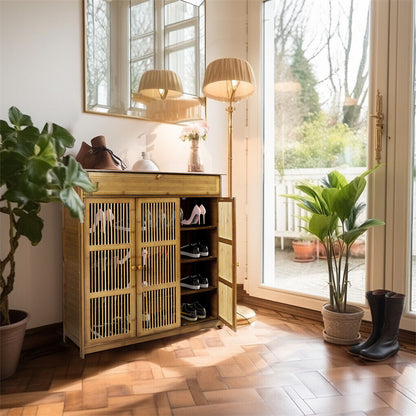 XXL 4-Tier Bamboo Shoe Rack Cabinet with Doors, Drawers