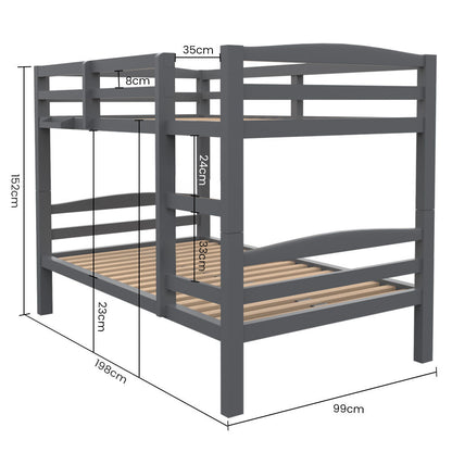 KINGSTON SLUMBER Single Bunk Bed Frame, Solid Pine 2-in-1 Modular Design, Converts to 2 Single Beds, For Kids, Grey