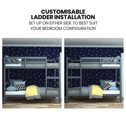 KINGSTON SLUMBER Single Bunk Bed Frame, Solid Pine 2-in-1 Modular Design, Converts to 2 Single Beds, For Kids, Grey