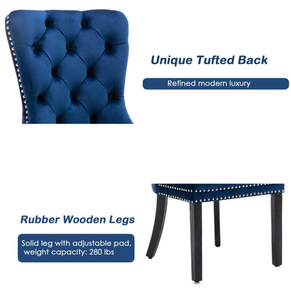4x Velvet Dining Chairs Upholstered Tufted Kithcen Chair with Solid Wood Legs Stud Trim and Ring-Blue