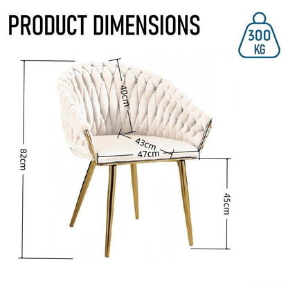 SERENITà Ivory Modern Velvet Dining Chairs, Upholstered Living Room Chair with Woven Back and Golden Metal Legs, Mid-Century Accent Set of 2(Ivory)