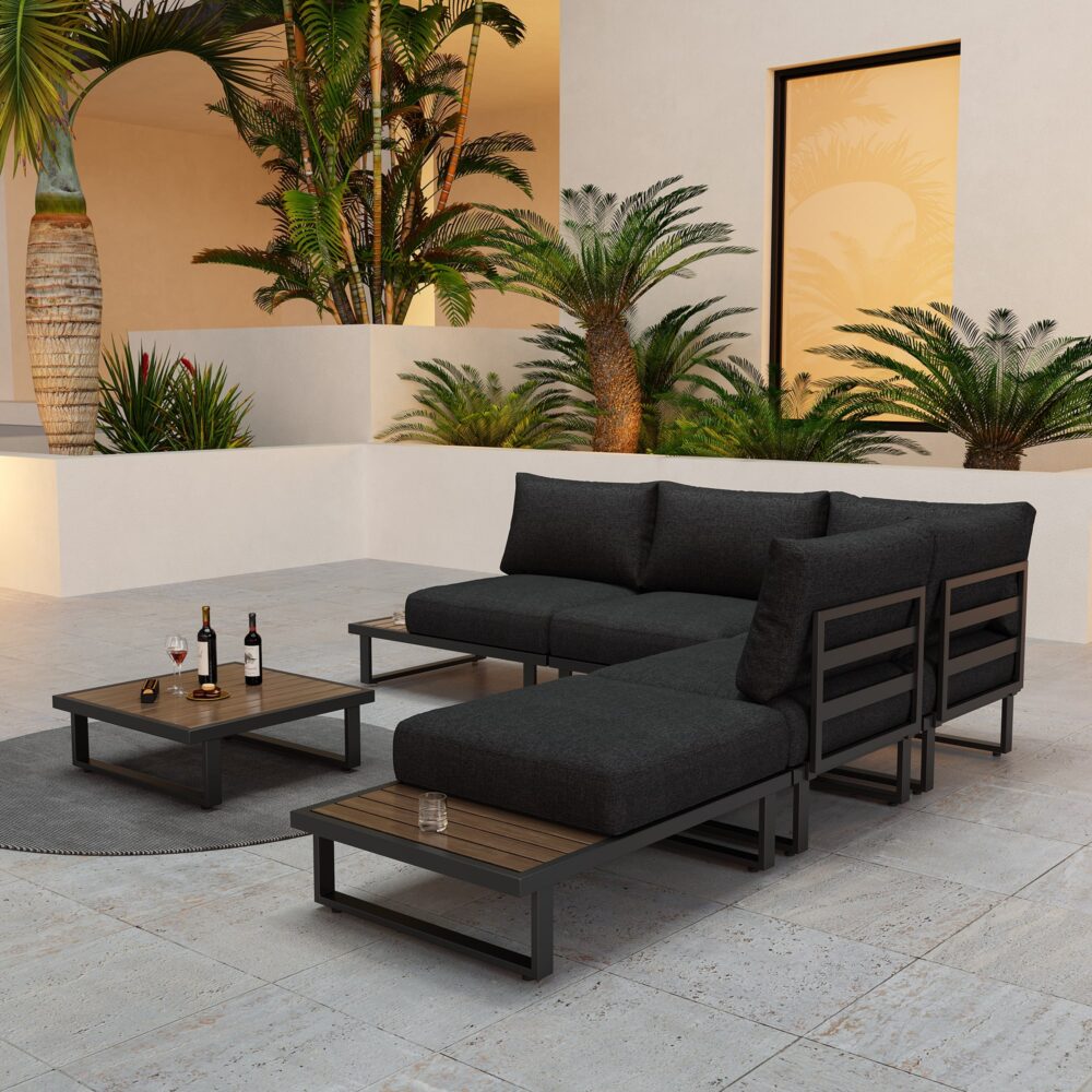 Modern Outdoor 7 Piece Lounge Set with Slatted Polywood Design Tables