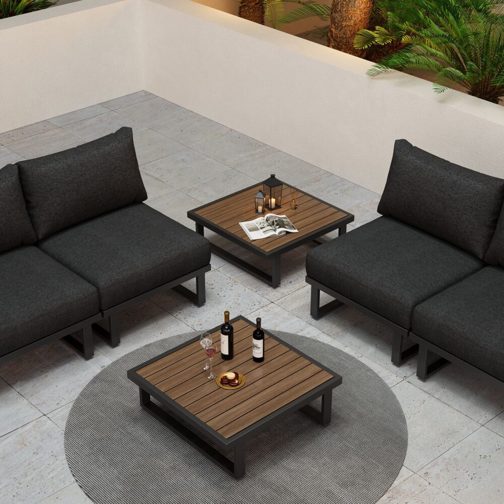 Modern Outdoor 7 Piece Lounge Set with Slatted Polywood Design Tables