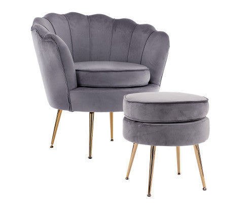 La Bella Shell Scallop Grey Armchair Accent Chair Velvet + Round Ottoman Footstool