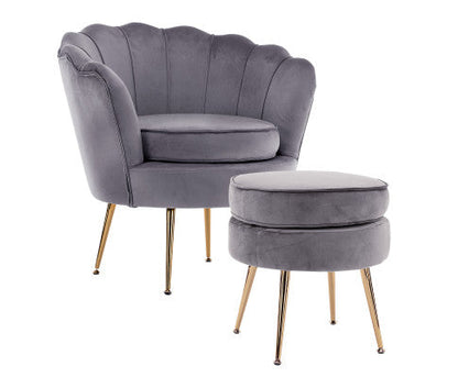 La Bella Shell Scallop Grey Armchair Accent Chair Velvet + Round Ottoman Footstool