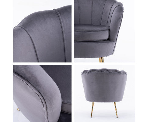 La Bella Shell Scallop Grey Armchair Accent Chair Velvet + Round Ottoman Footstool