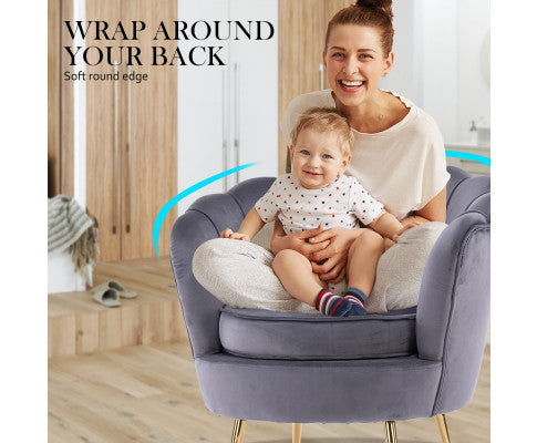 La Bella Shell Scallop Grey Armchair Accent Chair Velvet + Round Ottoman Footstool