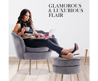 La Bella Shell Scallop Grey Armchair Accent Chair Velvet + Round Ottoman Footstool