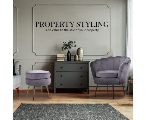 La Bella Shell Scallop Grey Armchair Accent Chair Velvet + Round Ottoman Footstool