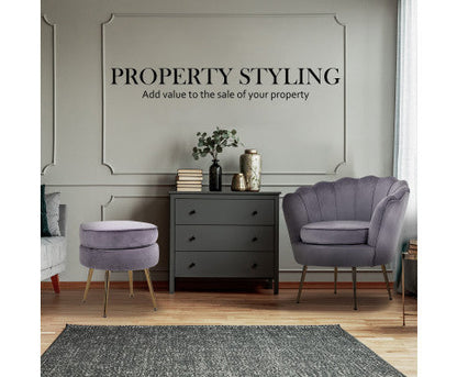 La Bella Shell Scallop Grey Armchair Accent Chair Velvet + Round Ottoman Footstool