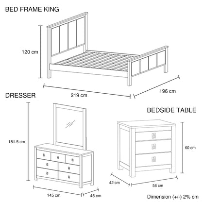 4 Pieces Bedroom Suite with Solid Acacia Wood Veneered Construction in King Size White Ash Colour Bed, Bedside Table & Dresser
