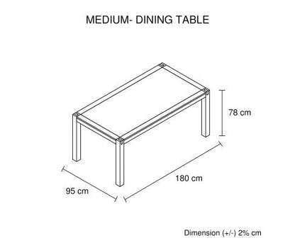Dining Table 180cm Medium Size with Solid Acacia Wooden Base in Chocolate Colour