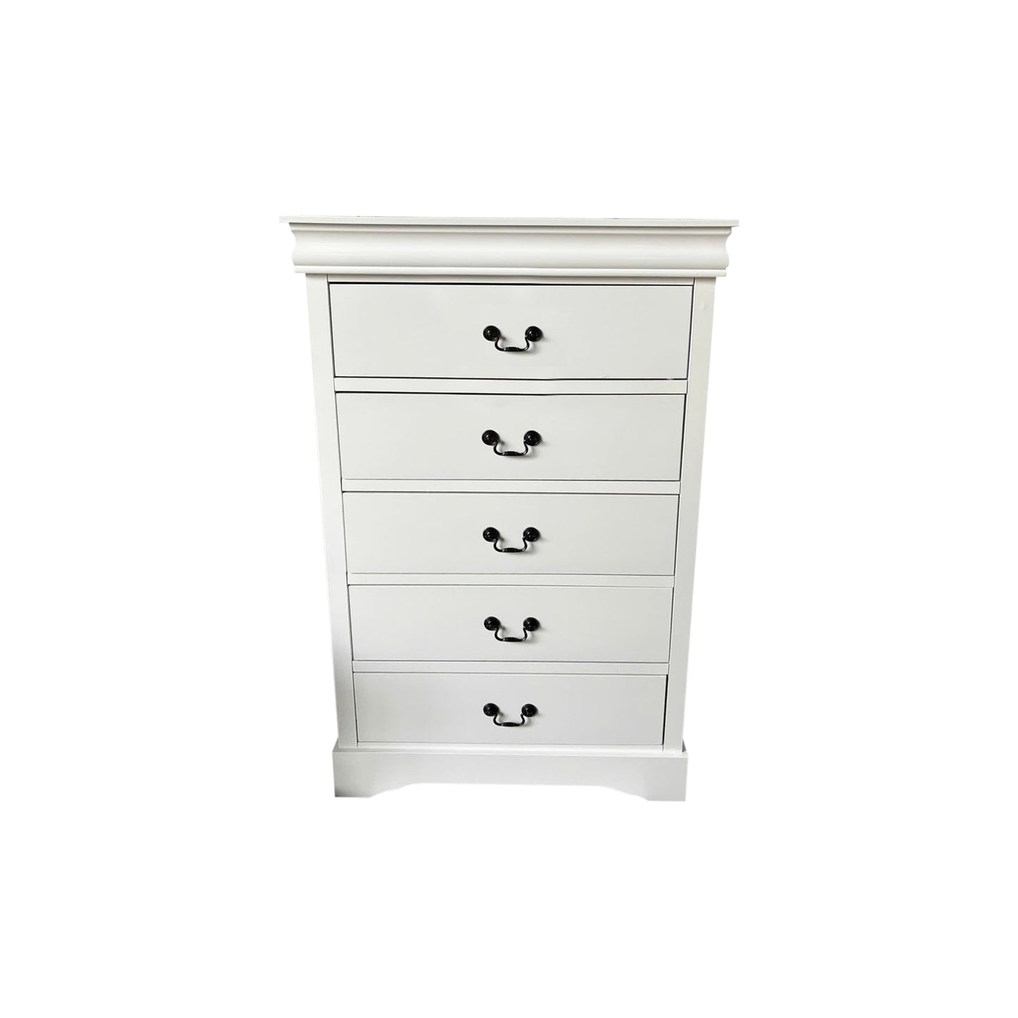 Tallboy with 5 Storage Drawers in Solid Wooden Metal Handles White Colour