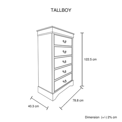 Tallboy with 5 Storage Drawers in Solid Wooden Metal Handles White Colour