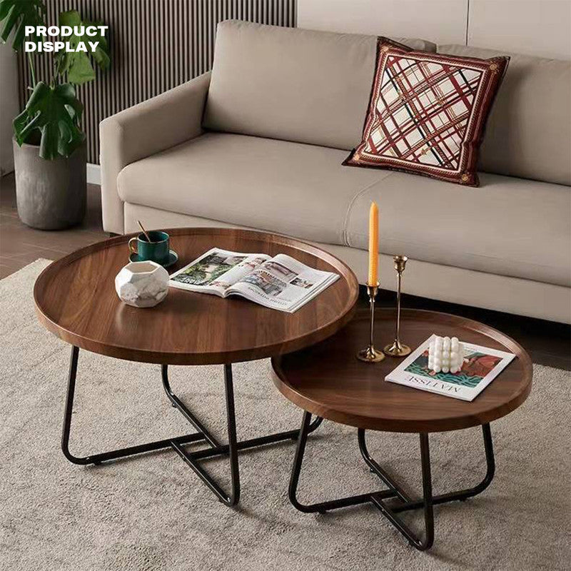 Removable Set of 2 Round Coffee Table Walnut Nesting Side End Table Furniture