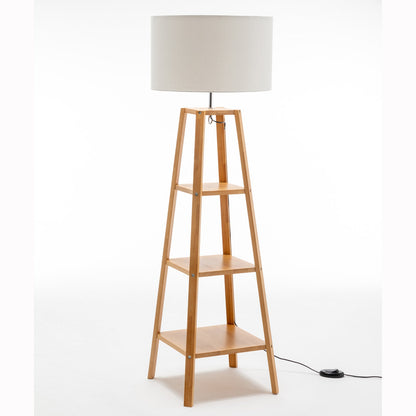 Eiffel 3 Tier Natural Wood Floor Lamp w/ Storage Shelves + Off White Linen Shade