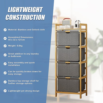 Bamboo Shelf with Storage Hamper - Wooden Bamboo Removable Bags