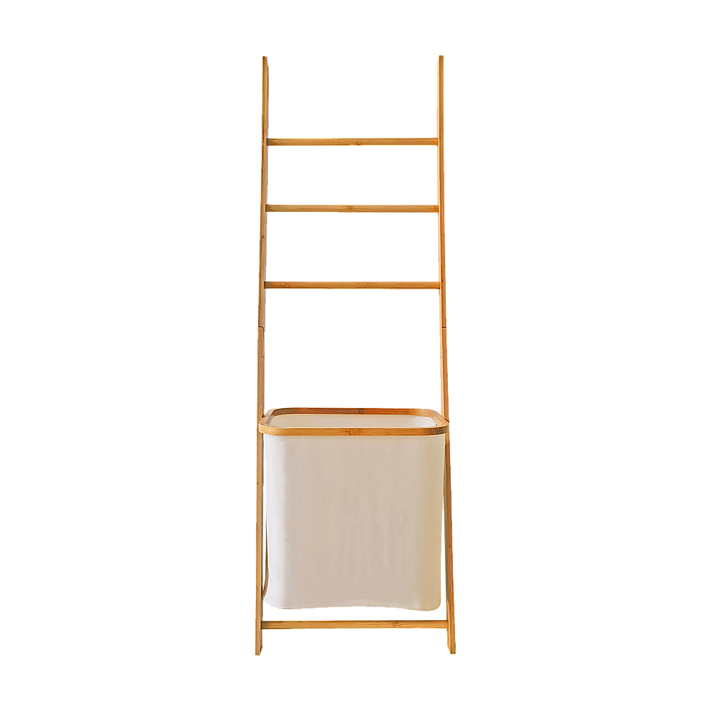 Wall Leaning Ladder Shelf with Laundry Basket Clothes Hamper Bath Towel Rack