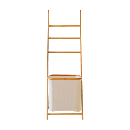 Wall Leaning Ladder Shelf with Laundry Basket Clothes Hamper Bath Towel Rack