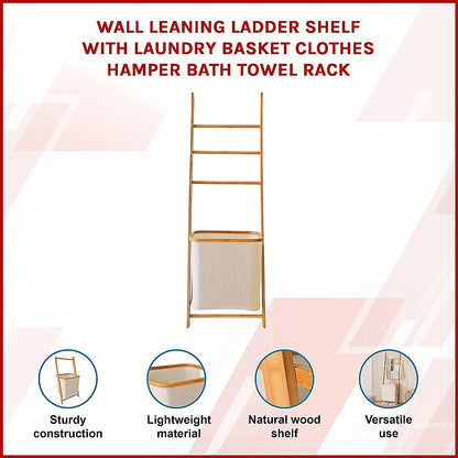 Wall Leaning Ladder Shelf with Laundry Basket Clothes Hamper Bath Towel Rack