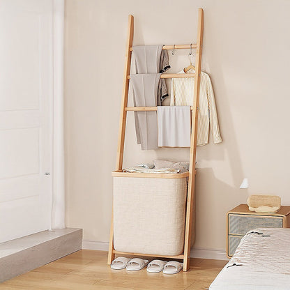 Wall Leaning Ladder Shelf with Laundry Basket Clothes Hamper Bath Towel Rack